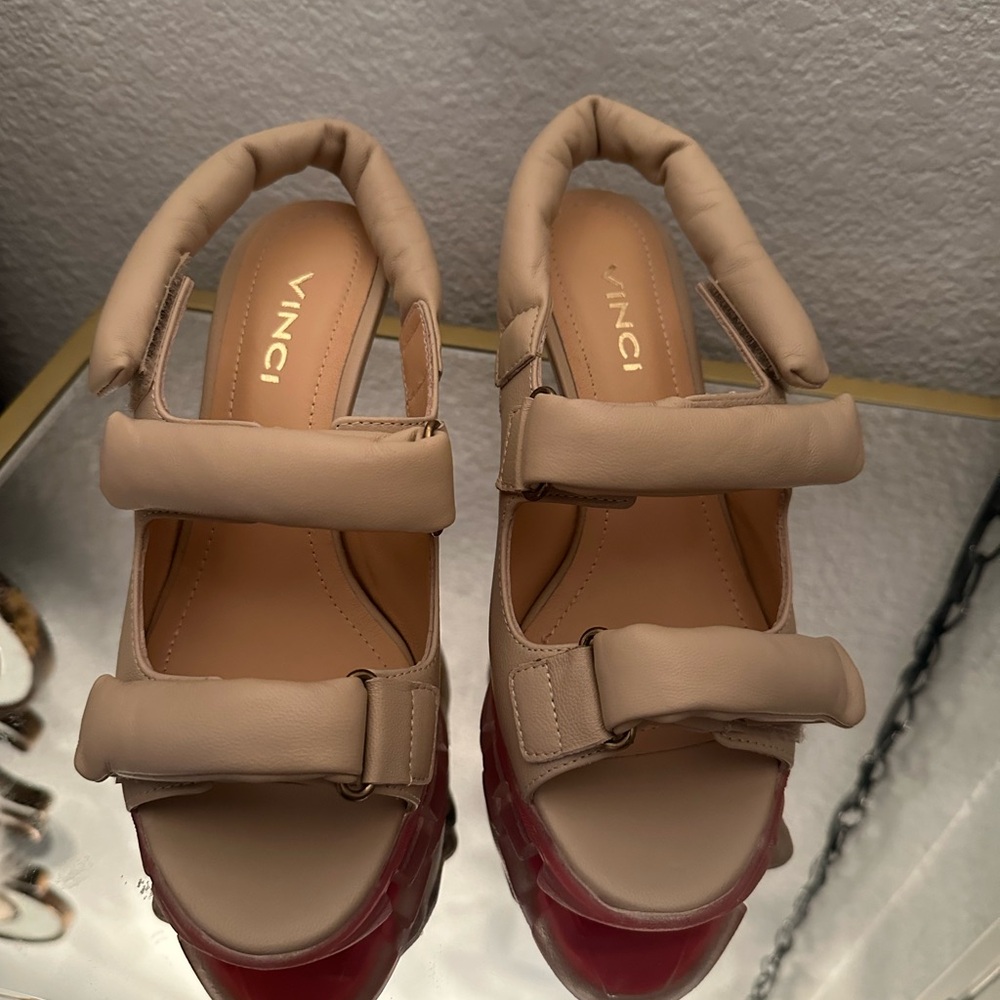 Vinci heels. Leather. Orange soles. Velcro bands Birkenstock style